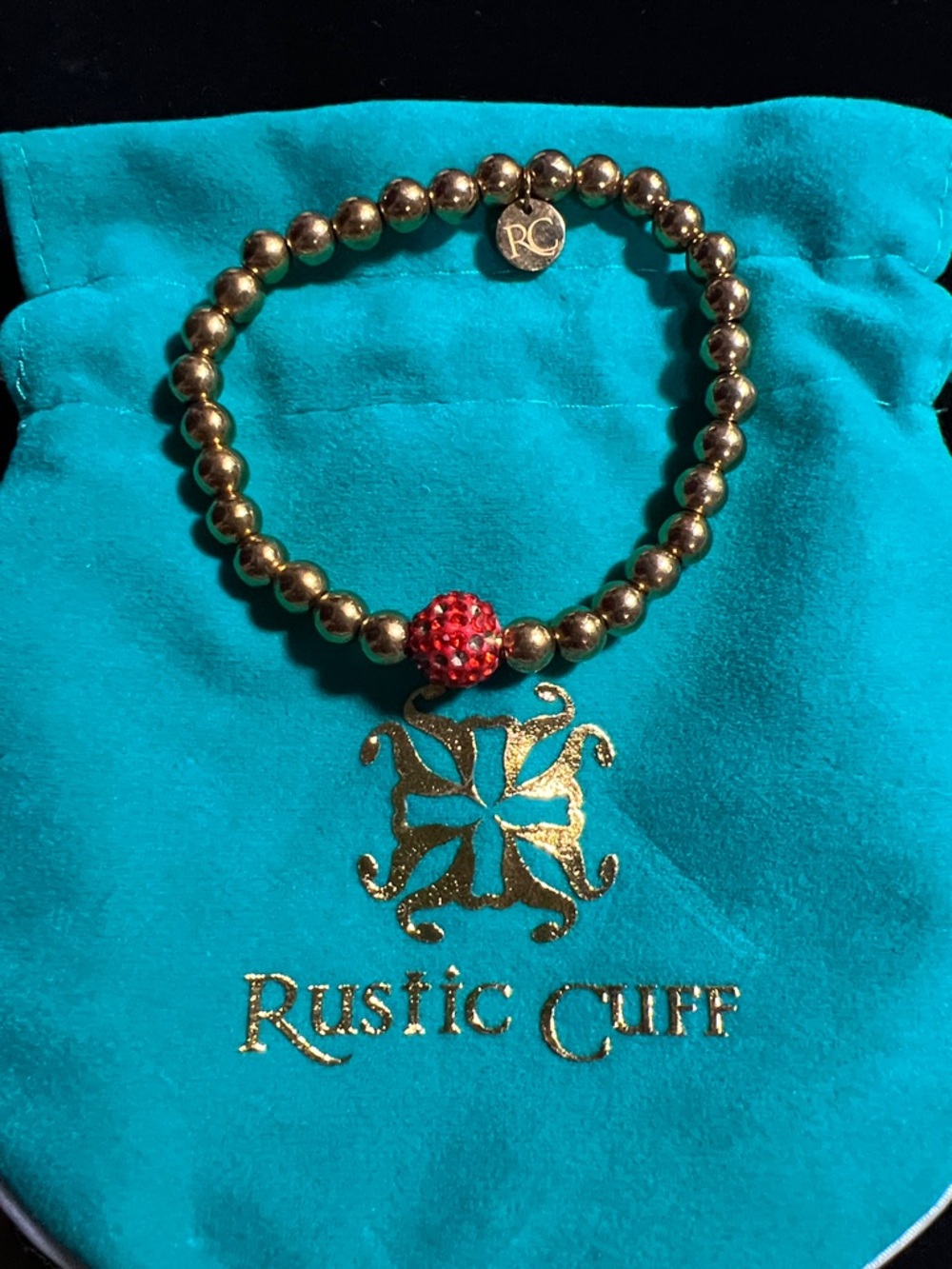 Rustic Cuff Gold Beaded Bracelet with Red Pave Accent